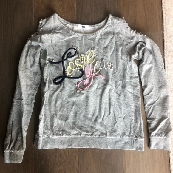 Korean gray sweatshirt open shoulder crewneck pearls pink love you size small - Picture 1 of 6